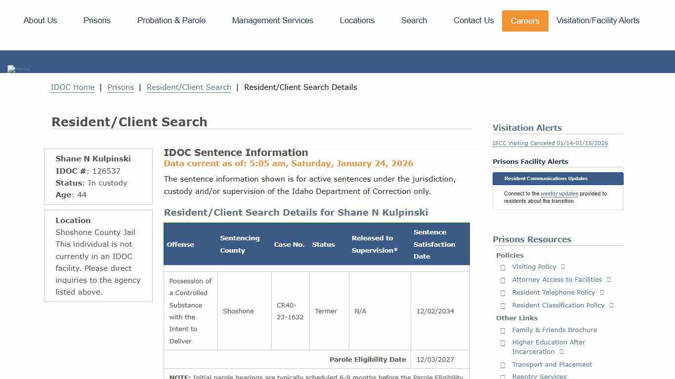 Resident/Client Search Details Idaho Department of Correction